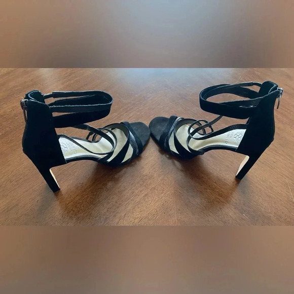 Vince Camuto Black Strappy Leather & Suede 4” Block Heel Zip EUC Women’s Size: 9 - Picture 4 of 8